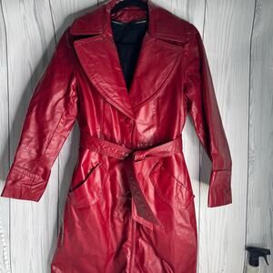 Vintage 70s Womens Leather Collared Belted Maxi Leather Trench Coat Red  Sz 9/10